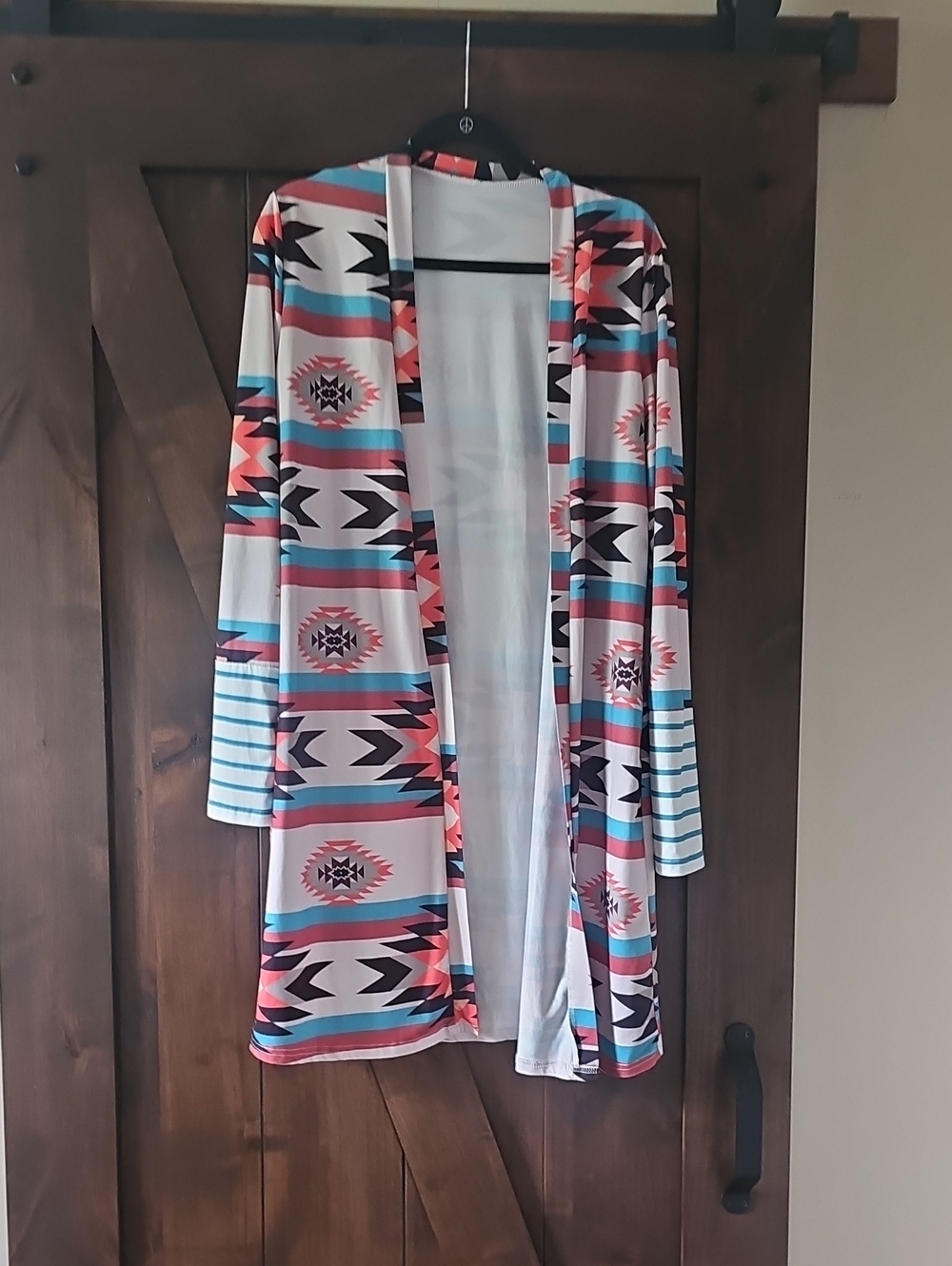Open Front Aztec Print Cardigan in Coral, Teal & Black